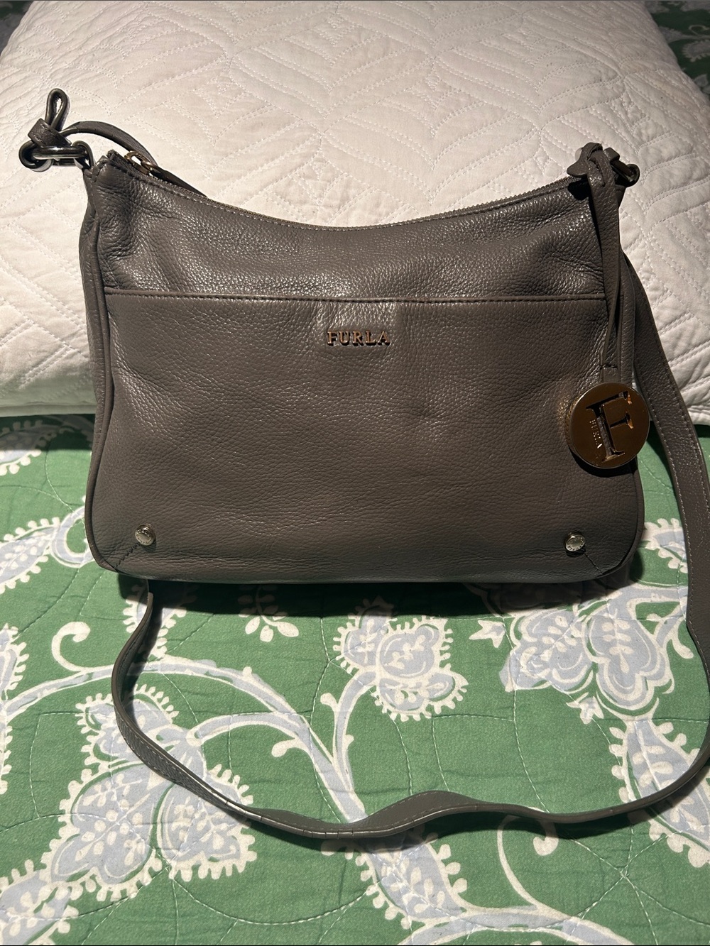 Furla Gray Pebbled Leather Crossbody Bag
